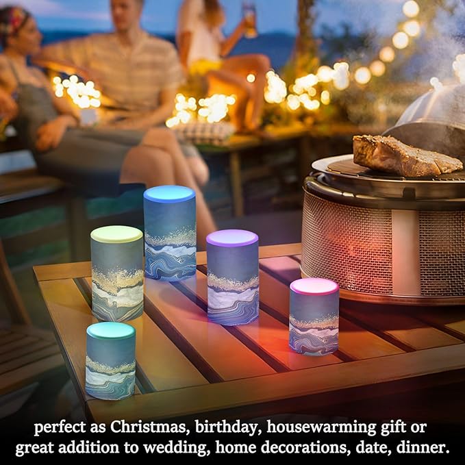 Flickering Flameless Candles, Navy Blue Marble Golden Veins LED Candles with Remote Timer, Set of 2 Battery Operated Candle for Valentine Wedding Birthday-VerdiqueGarden