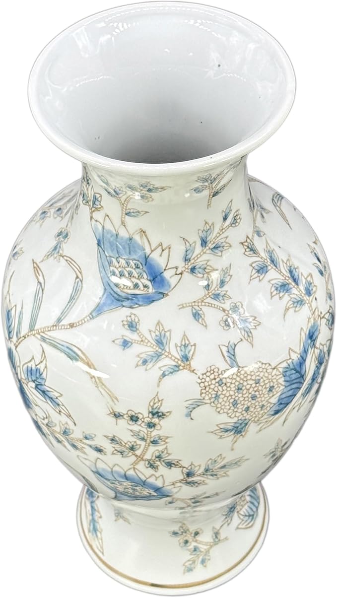 Galt International White & Blue Floral Chinoiserie Ceramic Vase 14" - Hand Painted Antique Style Porcelain Flower Bottle Fishtail Porcelain Chinese Vase for Home Decor Centerpiece-VerdiqueGarden