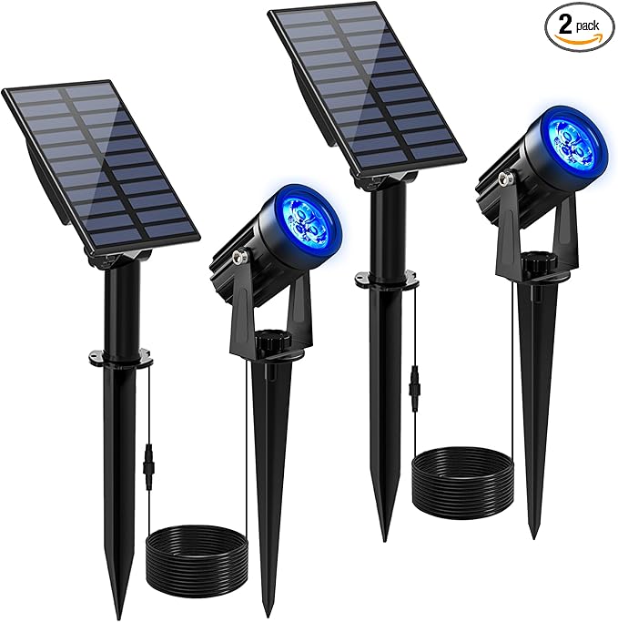 Blue Solar Spot Lights Outdoor,2 Pack Solar Landscape Spotlights IP65 Waterproof 9.8ft Cable, Auto On/Off Outdoor Wall Lights for Garden Yard Driveway Porch Walkway Pool (1-in-1)-VerdiqueGarden