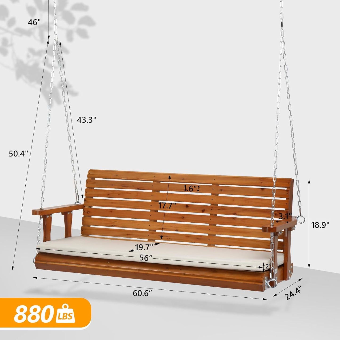 VINGLI Heavy Duty 880 LBS Patio Wooden Porch Swing Outdoor with Extra Cushion, Farmhouse Hanging Bench Tree Swing with Adjustable Chains for Yard | Garden | Lawn | Balcony (5 FT, Brown)-VerdiqueGarden