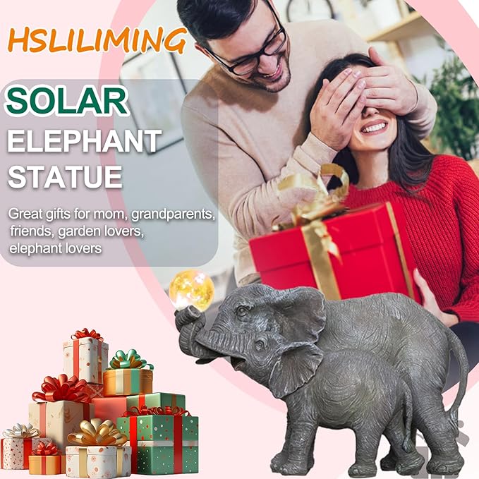 Solar Elephant Statues Lights for Outdoors Garden Decor, Large Outdoor Elephant Statues, Modern Elephant Resin Statue Decorations with Color-Changing Bulb, Unique Housewarming Gifts for Mom, Women-VerdiqueGarden