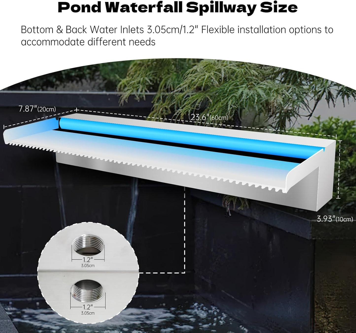 Waterfall Spillway Stainless Steel Pond Waterfalls with Color Changing LED Light, Outdoor Pool Fountain Water Feature Kit for Garden Patio Swimming Pool Koi Ponds Decor-24"x8"x4"-VerdiqueGarden