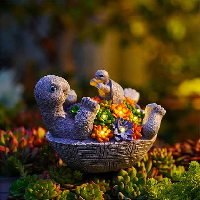 Solar Turtle Figurines Garden Decor, Cute Turtle Statue with Baby with 8 LED Solar Lights Garden Lawn Decorations for Patio & Yard, Gifts for Mom-VerdiqueGarden