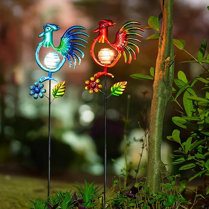 Rooster Solar Garden Lights, 2 Pack Metal Solar Stake Light, 27" H Outdoor Chicken Statues Figurine Lights for Spring Garden Lawn Patio Yard Decoration-VerdiqueGarden