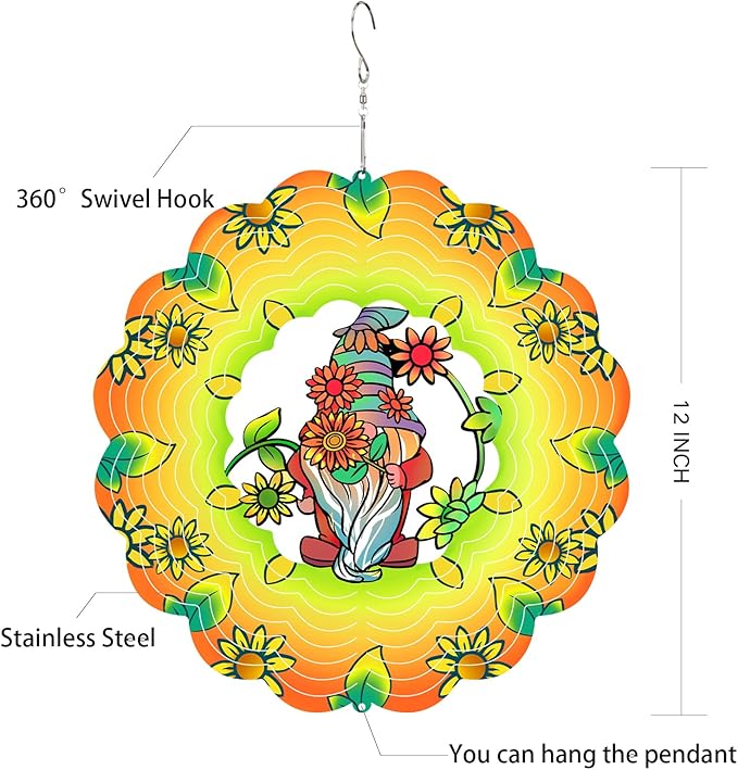 Gnomes Metal Wind Spinners Gnome Gifts for Mom Women Grandma,12inch Hanging Wind Spinner for Outdoor&Indoor Decor Wind Kinetic Ornament for Yard Garden Decoration-VerdiqueGarden