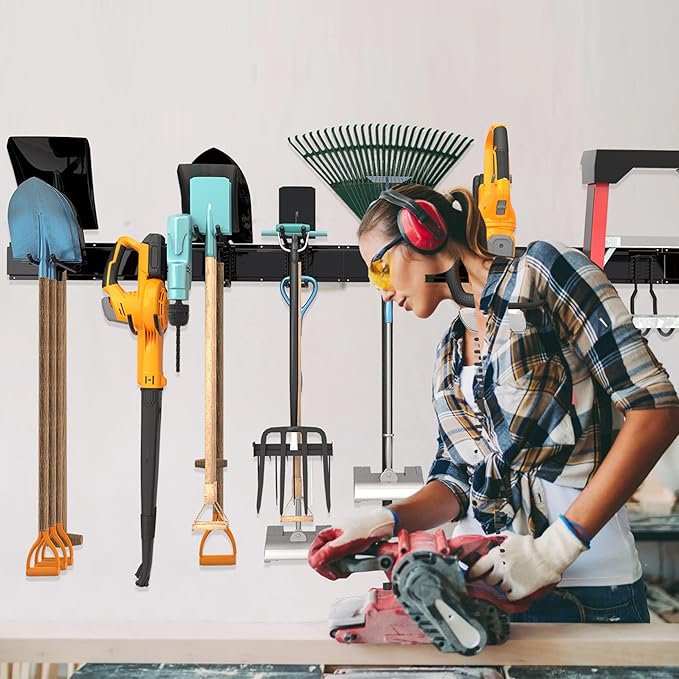 Garage Tool Storage Rack, Heavy Duty Garage Storage Organizer Rack System Wall Mounted Tool with 12 double hooks, 4 rails Garden Tool Rack-VerdiqueGarden