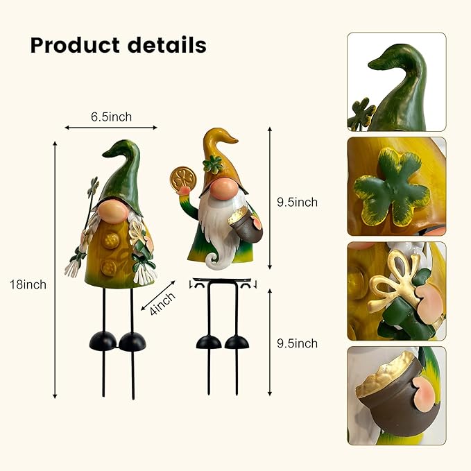 HONGLAND St.Patricks Day Decorations Outdoor Green Gnomes, Metal Gnomes Figurine Irish Leprechaun St Patricks Day Decor, Luck Shamrock Gnome for Home Outside Garden Lawn Party Yard Patio (18 INCH)-VerdiqueGarden