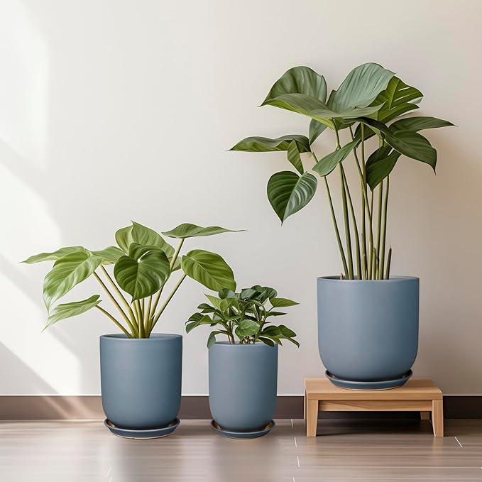 10 Inch Plant Pot - Ceramic Pot for Indoor Plants Outdoor Planter Large Flower Pot with Drainage Hole and Saucer Cylinder Gray-VerdiqueGarden