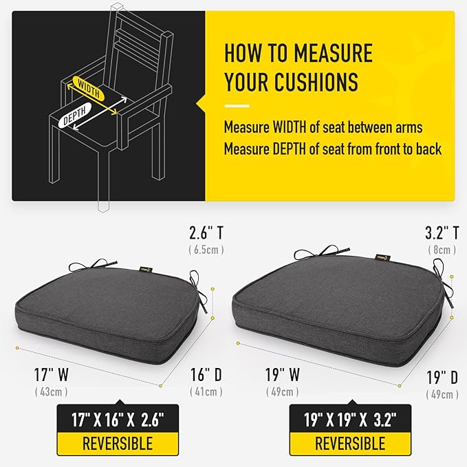 SUNROX Gel Memory Foam Chair Cushions, FadeShield Water-, Stain-Resistant Durable Reversible Seat Cushion Pads with Ties for Indoor/Outdoor Kitchen Dining Office 17"x16" Set of 2, Midnight-VerdiqueGarden