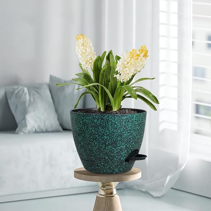 12 inch Large Self Watering Pots for Indoor Outdoor Plants, Flower Plant Pots with Mesh Drainage Holes for Garden House Plants, Plastic Planters for Home Plants, Black with Green Speckles-VerdiqueGarden