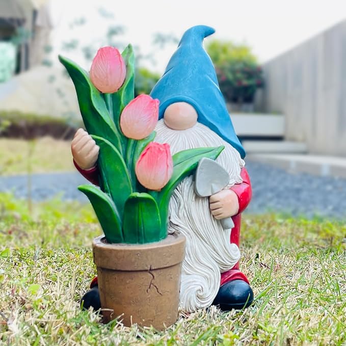 Garden Gnome Statue, Sculpture of a Dwarf Holding a Shovel and a Flower Pot, Solar Gnome Statues Outdoor Decor, Outside Lawn Patio Yard Ornament Gifts-VerdiqueGarden