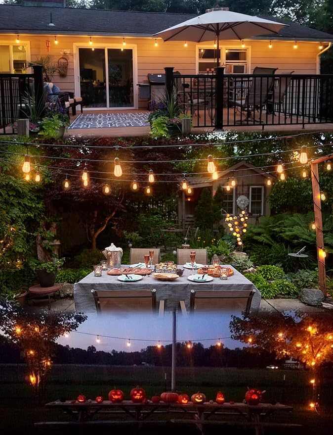 Outdoor String Lights LED 100FT Commercial Grade Heavy Duty Light String Lights with 30 Sockets 32 Shatterproof Plastic Bulbs Include 2 Spare S14 Dimmable Edison Bulbs Patio Market Cafe Light-VerdiqueGarden