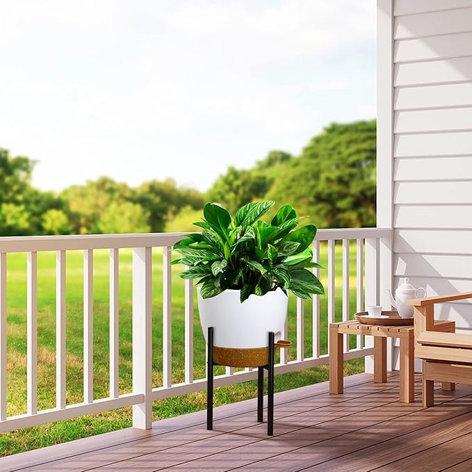 12 inch Large Self Watering Pots, Plastic Planters with 60oZ Removable Deep Reservoir and Multi Mesh Drainage Holes for Indoor Outdoor Garden Plants and Flowers, White with Brown-VerdiqueGarden