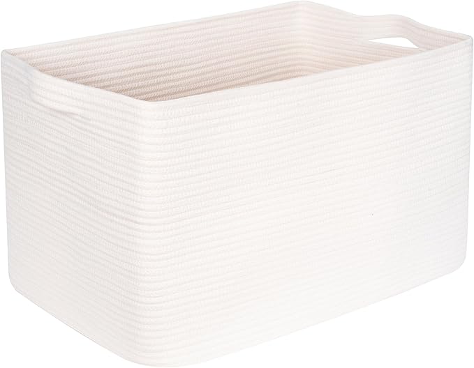 MINTWOOD Design 22in Extra Large Blanket Basket Holder Living Room, Rectangle Rope Woven Storage Basket with Handles for Laundry, Pool Towels, and Shoes, Dog Toy Organizer Bin Box, Creamy White-VerdiqueGarden