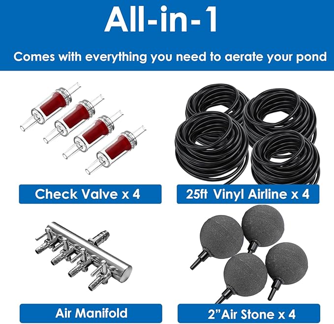 AquaMiracle Pond Aeration Kit Pond Air Pump Koi Pond Aerator for Pond up to 3000 Gallons Pond Deicer All-in-One Pond Aeration System with 4-Outlet Airline Tubing Air Stones Check Valves-VerdiqueGarden