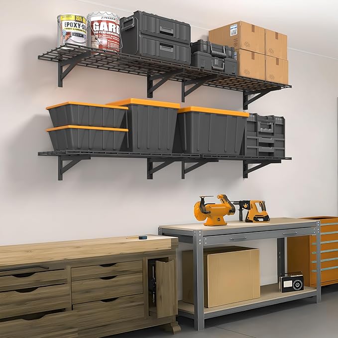 4 Pack Heavy Duty Garage Wall Shelving Set (1.5x4ft), Wall Mounted Garage Shelves 1000lbs Capacity, 18"x96" Shelf Storage Rack Floating Shelves, Black-VerdiqueGarden