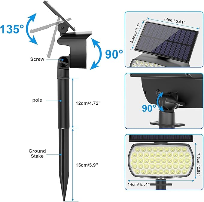 108 LED Solar Spot Lights Outdoor, Solar Lights Outdoor IP65 Waterproof, 3 Modes Solar Landscape Spotlights, Large Panel Solar Powered Lights for Garden Yard Pathway(Cool White/2 Pack)-VerdiqueGarden