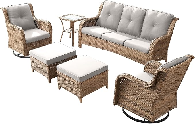 Outdoor Wicker Patio Furniture Set - 6 Piece Rattan Patio Conversation Set with 2 Rocking Swivel Chairs,2 Ottomans,1 Sofa and 1 Side Table for Porch Deck Backyard Garden(Yellow/Beige)-VerdiqueGarden