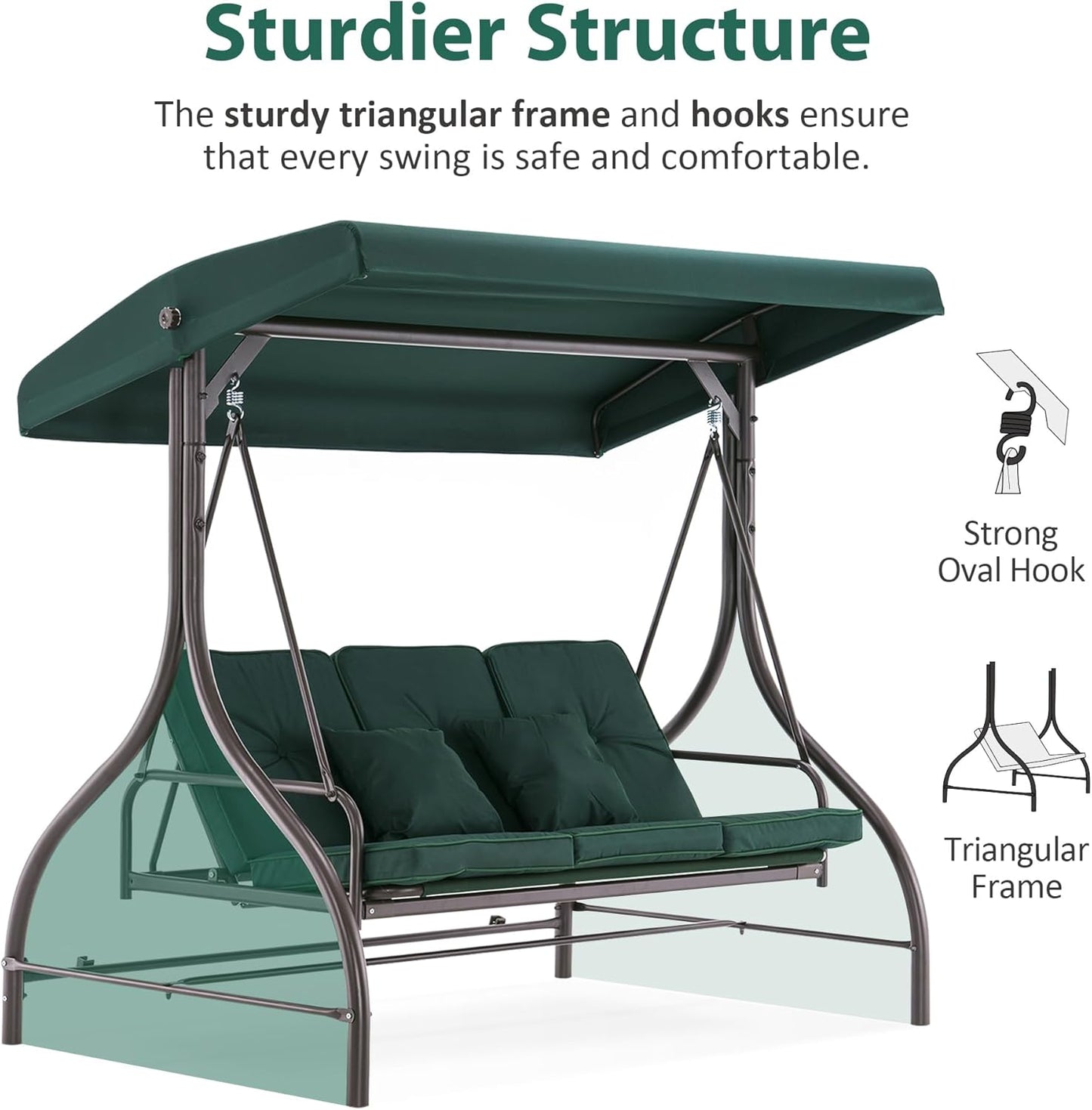 MCombo 3-Seat Outdoor Patio Swing Chair, 2-in-1 Convertible Porch Swing Glider Chair with Removable Cushions, Adjustable Canopy & Pillows for Backyard, Deck, Garden, 4068 (Green)-VerdiqueGarden