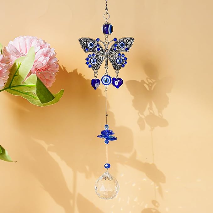 Turkish Blue Evil Eye Butterfly Wall Hanging with Crystal Suncatcher Ornament for Home Decor Protection Good Luck Blessing Housewarming Birthday Gift-VerdiqueGarden