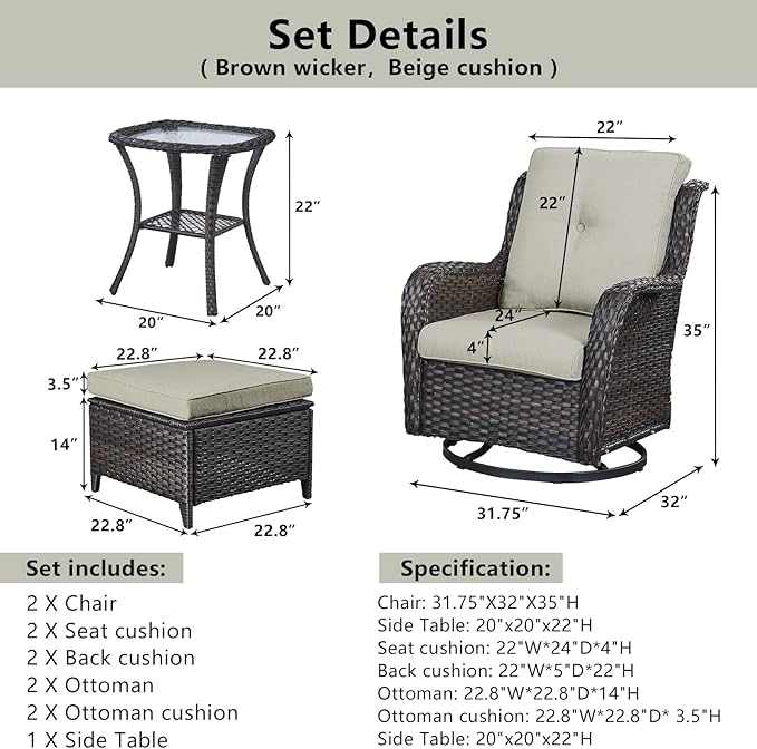 5 Pieces Patio Furniture Sets Wicker Outdoor Furniture, Rattan Patio Swivel Glider Chairs with 2 Ottoman and Glass Side Table-VerdiqueGarden