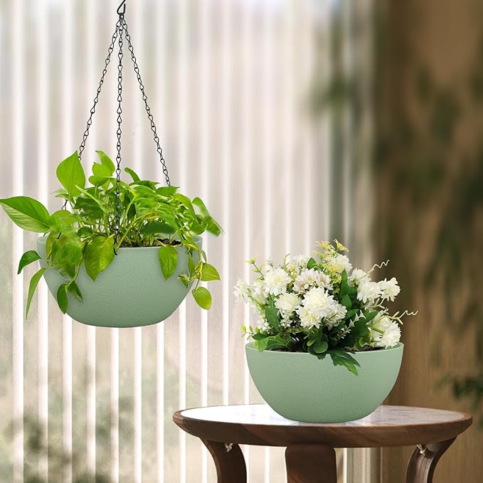 10 inch Hanging Planters Plant Pots for Indoor Outdoor Plants, 2 Pack Hanging Flower Pots with Drainage Holes and Chain for Garden Porch, Plastic Hanging Baskets for House Plants, Green-VerdiqueGarden