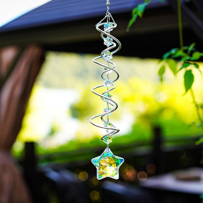 H&D HYALINE & DORA 21inch Crystal Suncatcher for Window Hanging Double-Spiral Design Gazing Ball Spiral Tail Wind Spinners Sun Catchers Rainbow Maker Indoor Outdoor Christmas Decoration-VerdiqueGarden