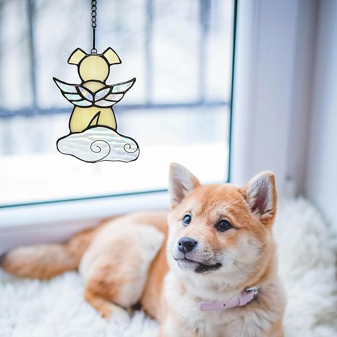Stained Glass Angel Wings Dog Memorial Gifts for Loss of Dog Sympathy Gift Suncatcher, Rainbow Bridge Pet Passing Away Remembrance in Memory, Dog Bereavement Gifts for Loss of Pet,Yellow-VerdiqueGarden