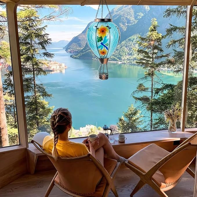 Starsoul Large Solar Hot Air Balloon Lantern with Flame Dragonfly Glass Hanging Outdoor Hot Air Balloon Solar Light Waterproof Garden Patio Yard Party Decorations-VerdiqueGarden