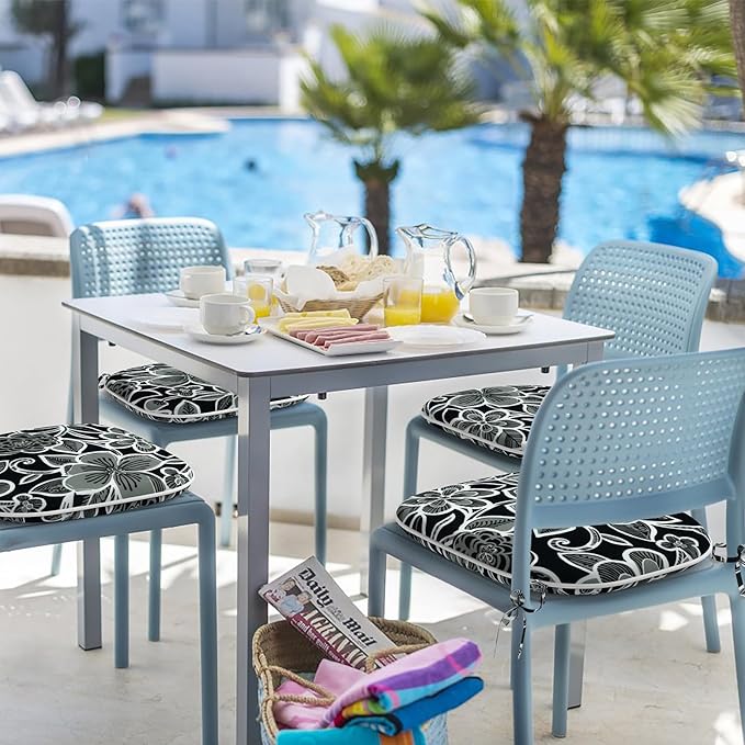 Indoor/Outdoor Chair Cushions 16x17 Inch, Patio Chair Cushions with Ties, All Weather Seat Cushions for Patio Furniture Home Garden Chair Use, Set of 4,Flower Black-VerdiqueGarden