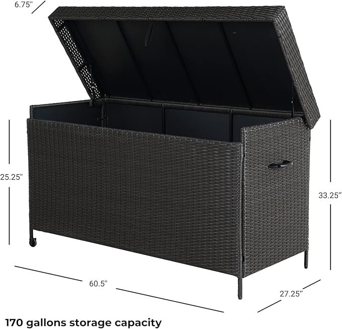 Grand patio 170 Gallon Storage Box, Dark Brown PE Wicker, Minimalist Style, Water Resistant, Flip Top, Smooth Wheels, for Patio Furniture Cushions, Garden Tools, Pool Accessories-VerdiqueGarden