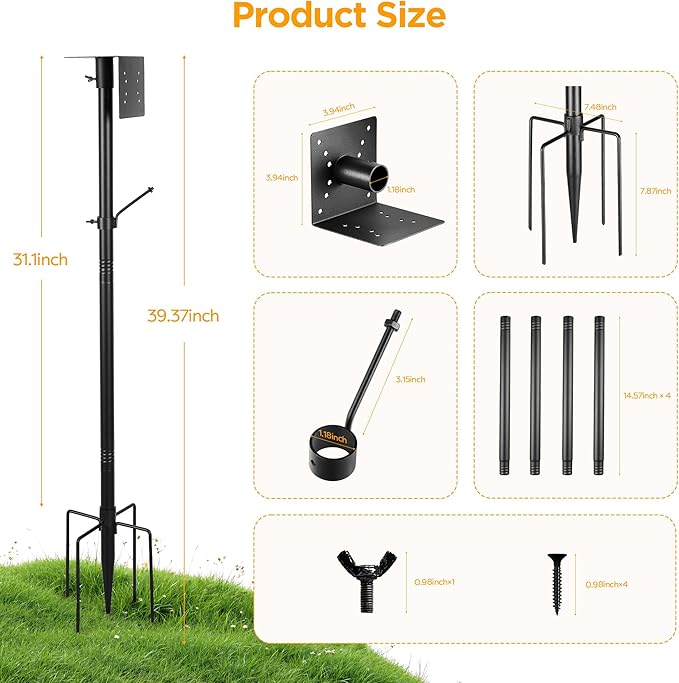 Bird House Pole Kit, Heavy-Duty Adjustable Pole for Outdoors with 5 Prongs Base,Metal Universal Support Pole for Bird Feeders,Solar Pannel,Black-VerdiqueGarden