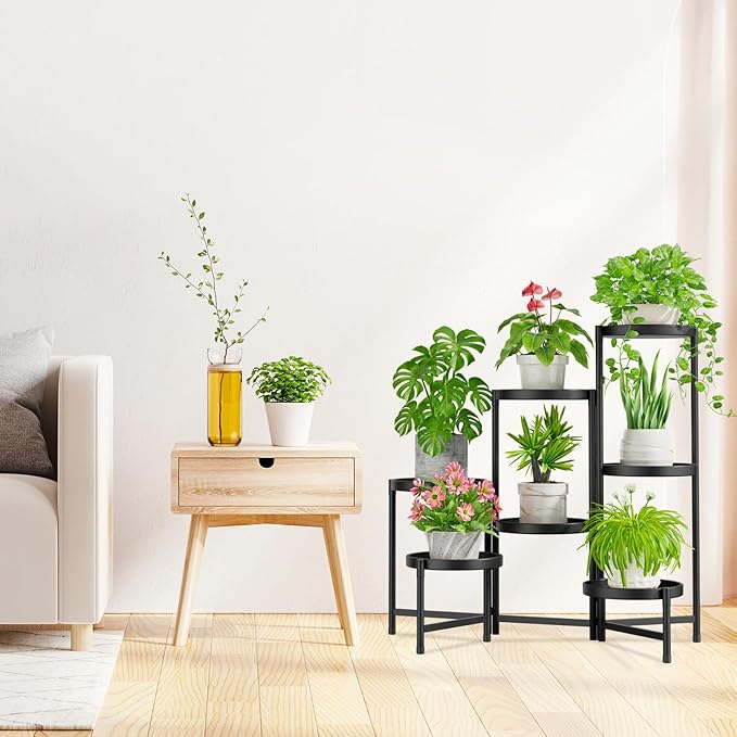 iDavosic.ly 7 Tier Large Plant Stand Indoor with 10 Inch Wide Tray, Tiered Corner Metal Outdoor Flower Display Holder Shelf, Folding Tall Rack for Patio Porch Living Room, Modern Black-VerdiqueGarden