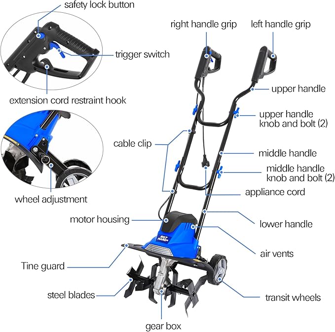 BILT HARD 14" 10Amp Electric Garden Tiller | 4 Steel Tines Tiller Cultivator with Foldable Handle & Adjustable Wheels for Soil Cultivation, Weeding, Portable Gardening-VerdiqueGarden