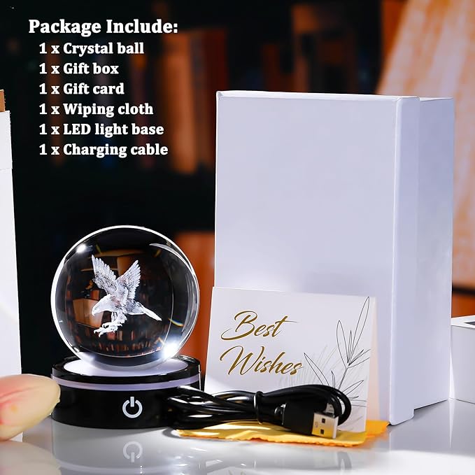 YWHL 3D Eagle Figurine Crystal Ball with Colorful Light Base, Eagle Gifts for Women Men Eagle Lovers on Christmas Birthday, 3D Laser Engraved Eagle Sphere Glass Ball for Home Office Decoration (80mm)-VerdiqueGarden