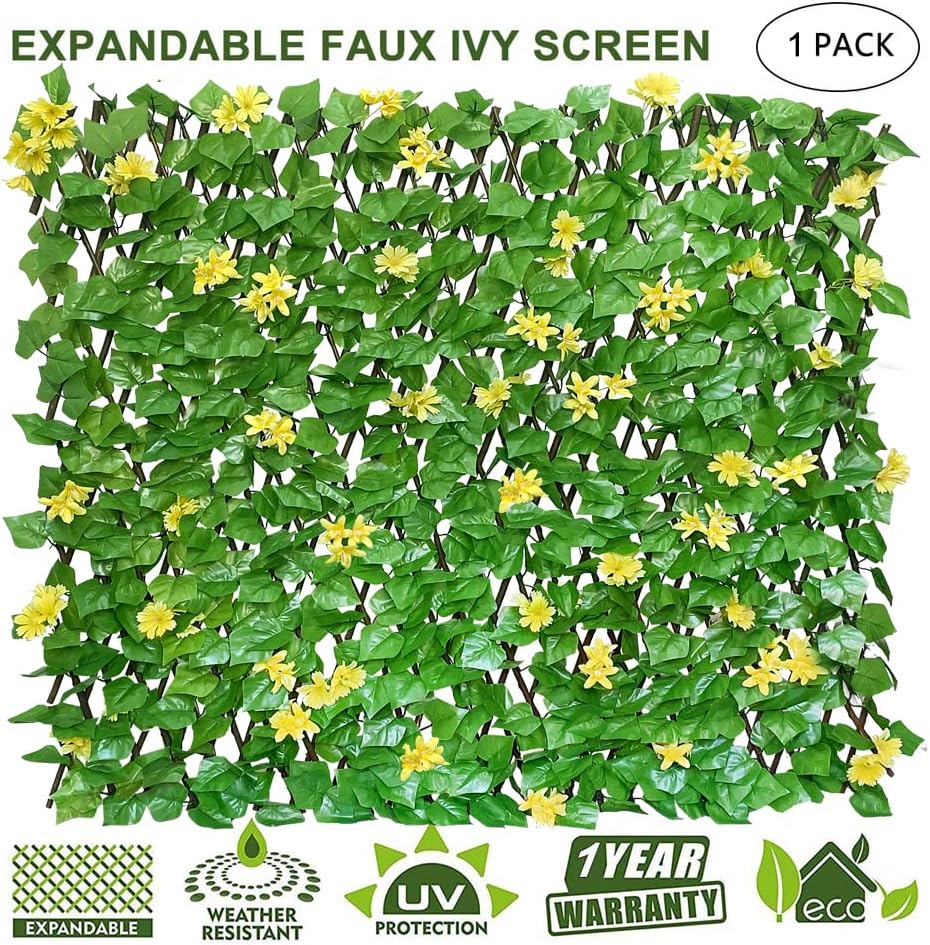 Expandable Fence Privacy Screen for Balcony Patio Outdoor,Decorative Faux Ivy Fencing Panel,Artificial Hedges (Single Sided Leaves) (1, Yellow Flowers)-VerdiqueGarden