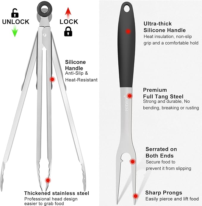 BBQ Grilling Accessories, 3Pcs Stainless Steel Grill Tools Accessories Set with Spatula, Fork and Tongs, Barbecue Utensils Grilling Tools for Outdoor Camping, Heat-Resistant Silicone Handle-VerdiqueGarden