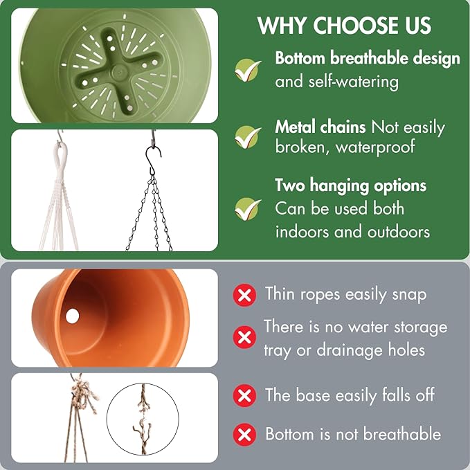 10 Inch Hanging Planters for Indoor Plants,Set of 2 Hanging Pots for Plants with Self-Watering, Outdoor Hanging Plant Pot with Drainage and 2 Kinds of Hanging Baskets Hangers for Home Decor and Garden-VerdiqueGarden