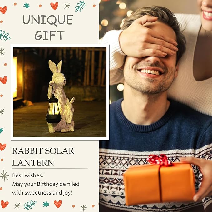 Solar Garden Statues Bunny Decor with LED Lights Home Decorations Outdoor Garden Rabbit Statue for Patio, Balcony, Yard, Lawn Ornament - Unique Housewarming Birthday Gifts for Women-VerdiqueGarden