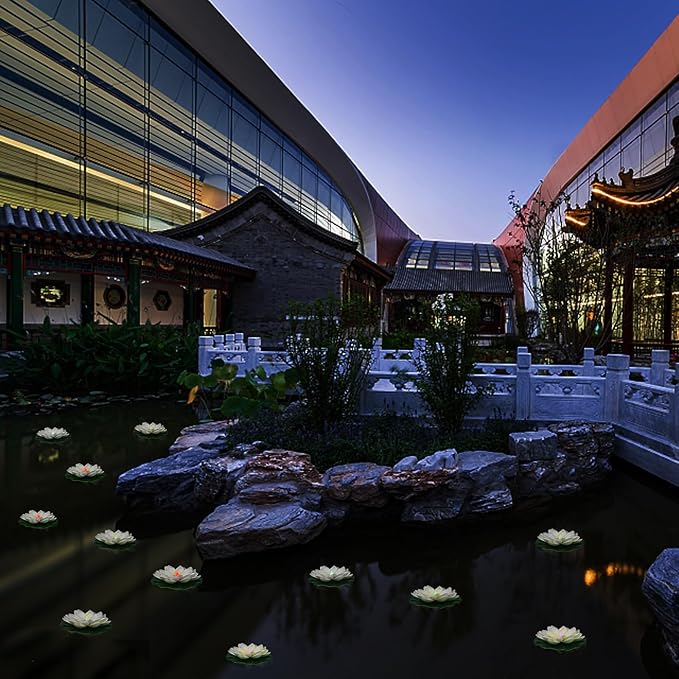 12 PCS Floating Lotus Lights - Artificial LED Lotus Waterproof Battery Operated Water Activated Color Changing Fake Lily Pad Lights for Pool Pond Lantern Garden Outdoor Decor-VerdiqueGarden