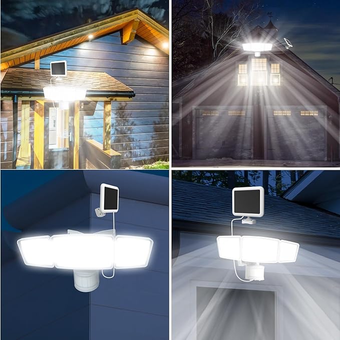 Energetic Solar Outdoor Lights, 1800LM 192 LED Security Motion Sensor Outdoor Lights with Remote Control, IP65 Waterproof Floodlight, 3 Head Motion Detected Spotlight for Garage, Pack of 2 (White)-VerdiqueGarden