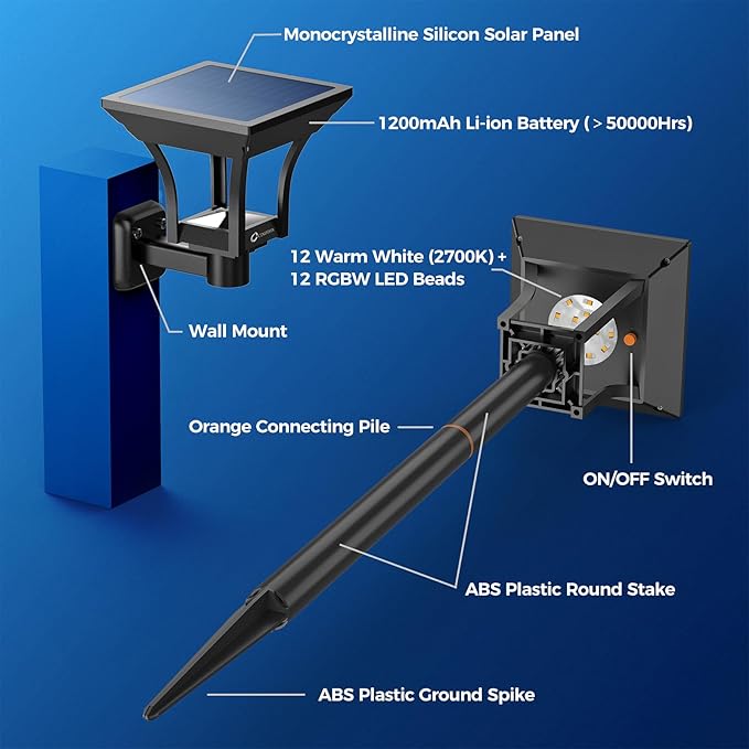 CINOTON RGBW Solar Landscape Pathway Outdoor Lights with 3 Lighting Modes, IP65 Waterproof LED Solar Powered Wall Lights for Garden Yard Lawn Path Driveway Pool Backyard Warm White & Multicolor 4 Pack-VerdiqueGarden