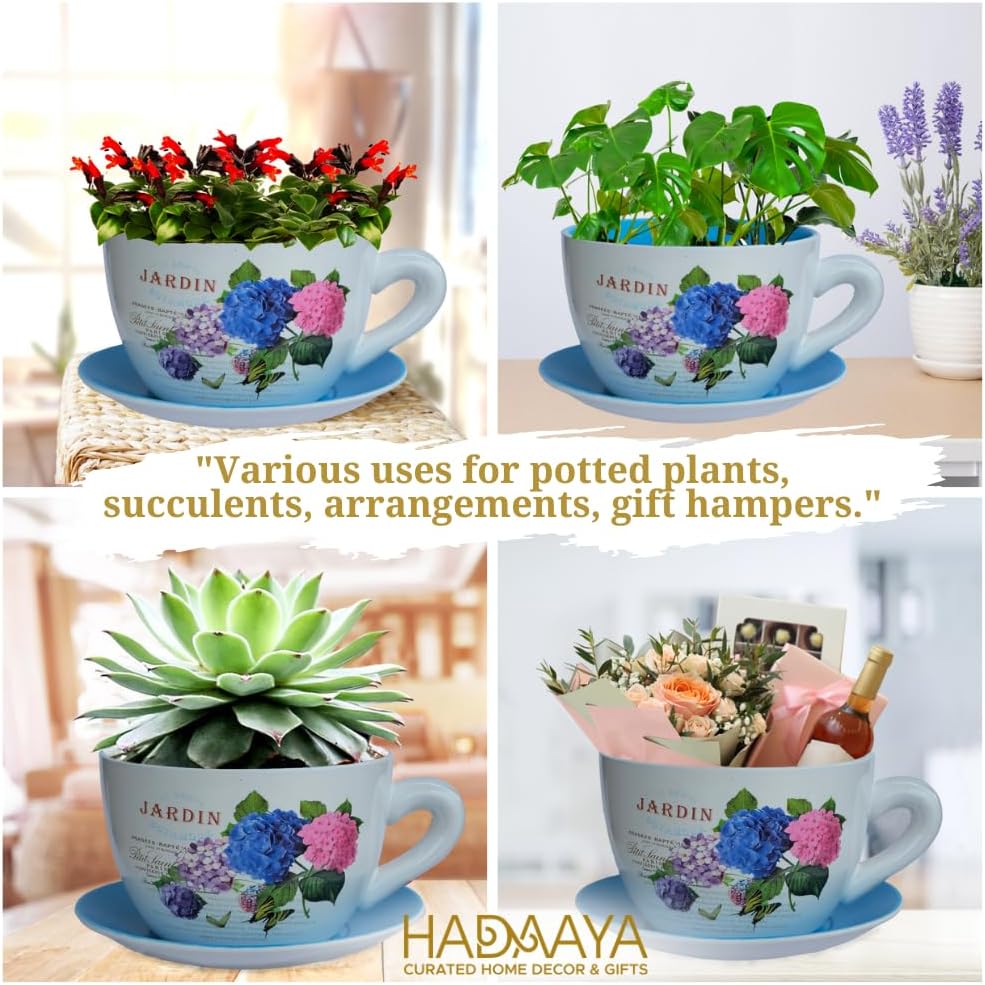 7.5" Ceramic Teacup Planter Pot with Saucer | Ideal for Succulents, Orchids, Herbs & Flowers | Indoor Use| Thoughtful Gift for Birthday, Gift Basket, Sympathy & More – Blue Hydrangea Jardin-VerdiqueGarden