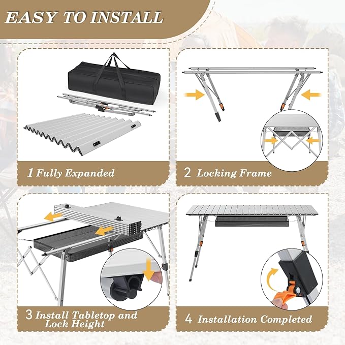 Athena Collection Foldable Camping Table, 47" Aluminum Outdoor Folding Camp Table with Mesh Layer Telescopic Legs and Carry Bag, Lightweight and Portable for Outdoor Camping Picnic Grilling, Silver-VerdiqueGarden