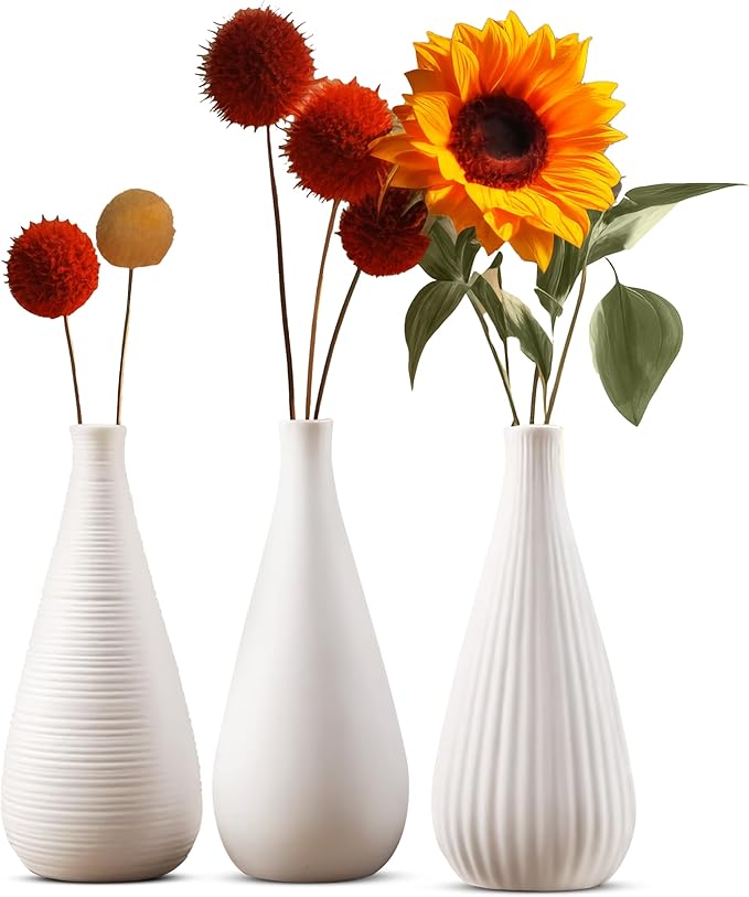 White Vases Home Decor Modern Ceramic Decorative Vases for Home Decor, Flower Vases & Centerpiece, Minimalist Design Set of 3-VerdiqueGarden