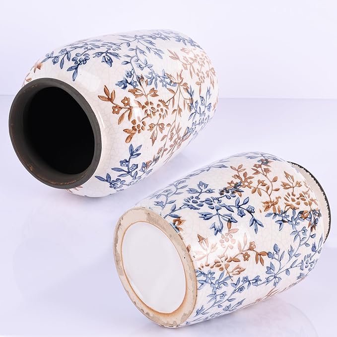 Vintage Vase for Flowers,Blue Chinoiserie Ceramic Vase,Rustic Farmhouse Cracked Vases,for Flower Arrangement,Living Room, Office, Shelf, Fireplace Tables,Centerpieces,Chinoiserie Pottery Decor(C)-VerdiqueGarden