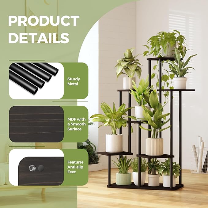 Bamworld 7 Tier Plant Stand Indoor, Large Metal Plant Shelf for Multiple Plants, Tall Tiered Flower Stand for Patio Garden Balcony Living Room Bedroom(Black)-VerdiqueGarden