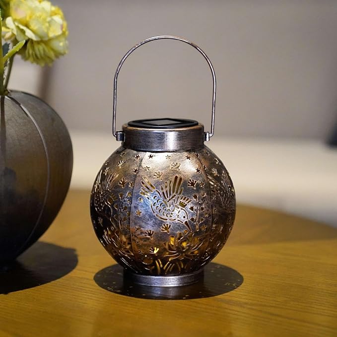 2 Pack Outdoor Solar Hanging Lantern Lights Metal LED Decorative Lamp for Garden Patio Courtyard Lawn and Table with Hollowed-Out Design (Bronze Hummingbird)-VerdiqueGarden