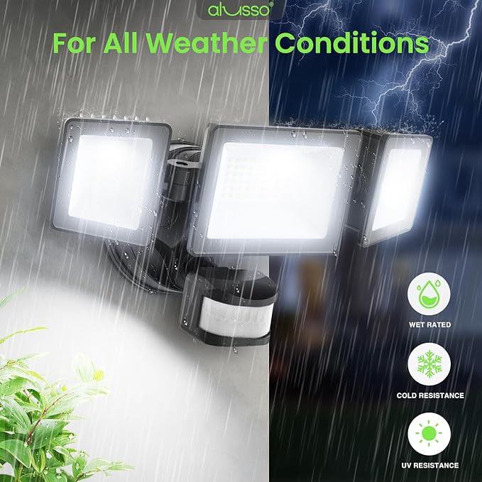 ALUSSO® Motion Sensor Outdoor Lights, 40W 4000LM 3 Modes Flood Lights Outdoor Motion Sensor, 3CCT 3 Heads Outdoor Security Light Wet Location Use for House Garage Yard Walkway, Black,ETL-VerdiqueGarden