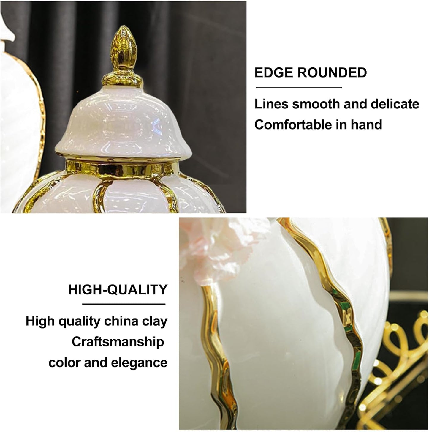 Ginger Jar, White Gold Ceramic Vase Large Handmade Porcelain Vases with Lid, White Gold Decorative Flower Vase for Home, Living Room, Weddings, Centerpieces (14in with Lid)-VerdiqueGarden